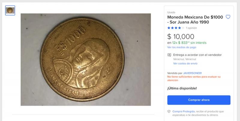 Venden moneda de Sor Juana de los 90 hasta en 10 mil pesos